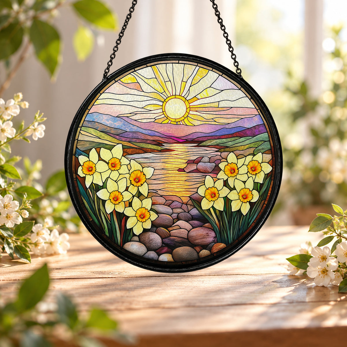 Seaside Sunset with Yellow Daisies stained glass window suncatcher – third gallery view