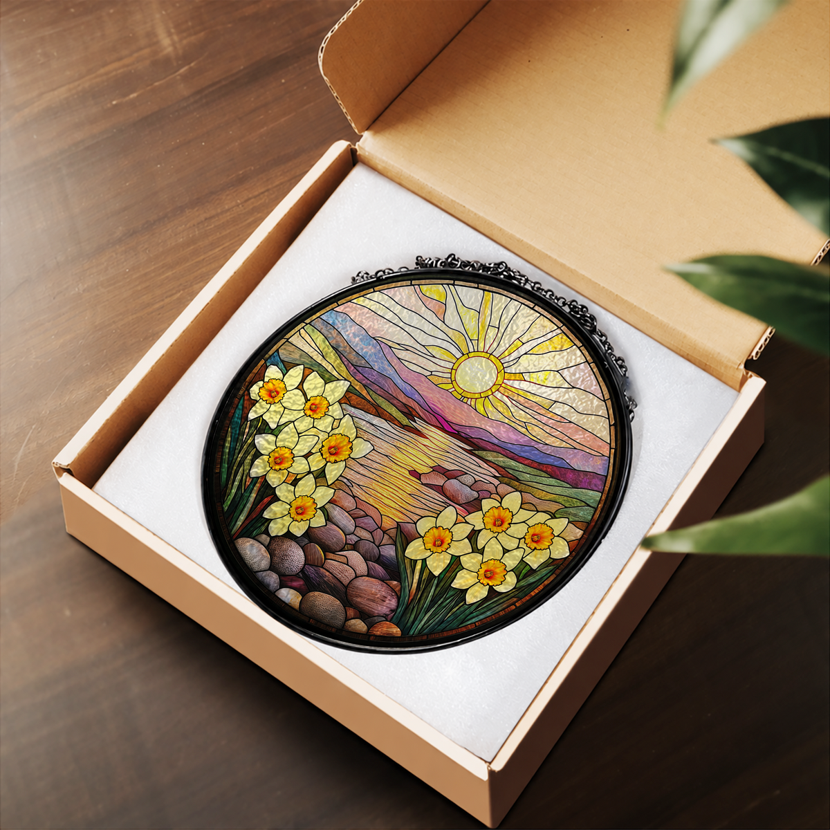 Seaside Sunset with Yellow Daisies stained glass suncatcher – flat printed artwork design
