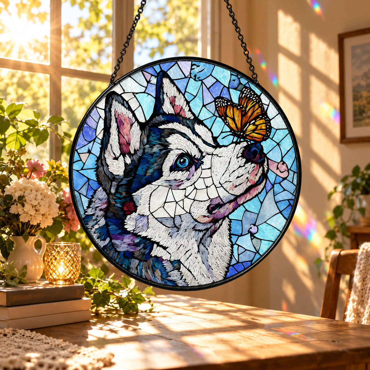 Siberian Husky and Monarch Butterfly stained glass suncatcher window hanging – front design view