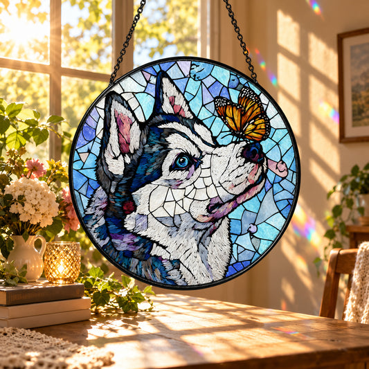 Siberian Husky and Monarch Butterfly stained glass suncatcher window hanging – front design view