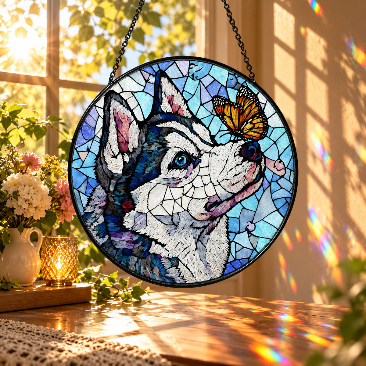 Siberian Husky and Monarch Butterfly stained glass window suncatcher – third gallery view