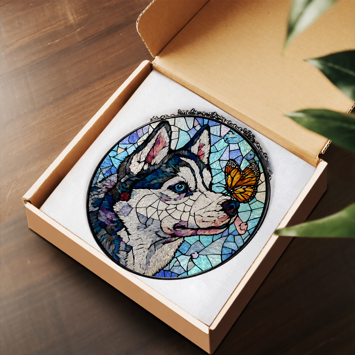 Siberian Husky and Monarch Butterfly stained glass suncatcher – flat printed artwork design