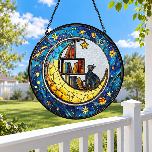 Sleeping Black Cat and Crescent Moon stained glass suncatcher window hanging – front design view