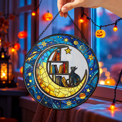 Sleeping Black Cat and Crescent Moon round stained glass window hanging – second gallery view