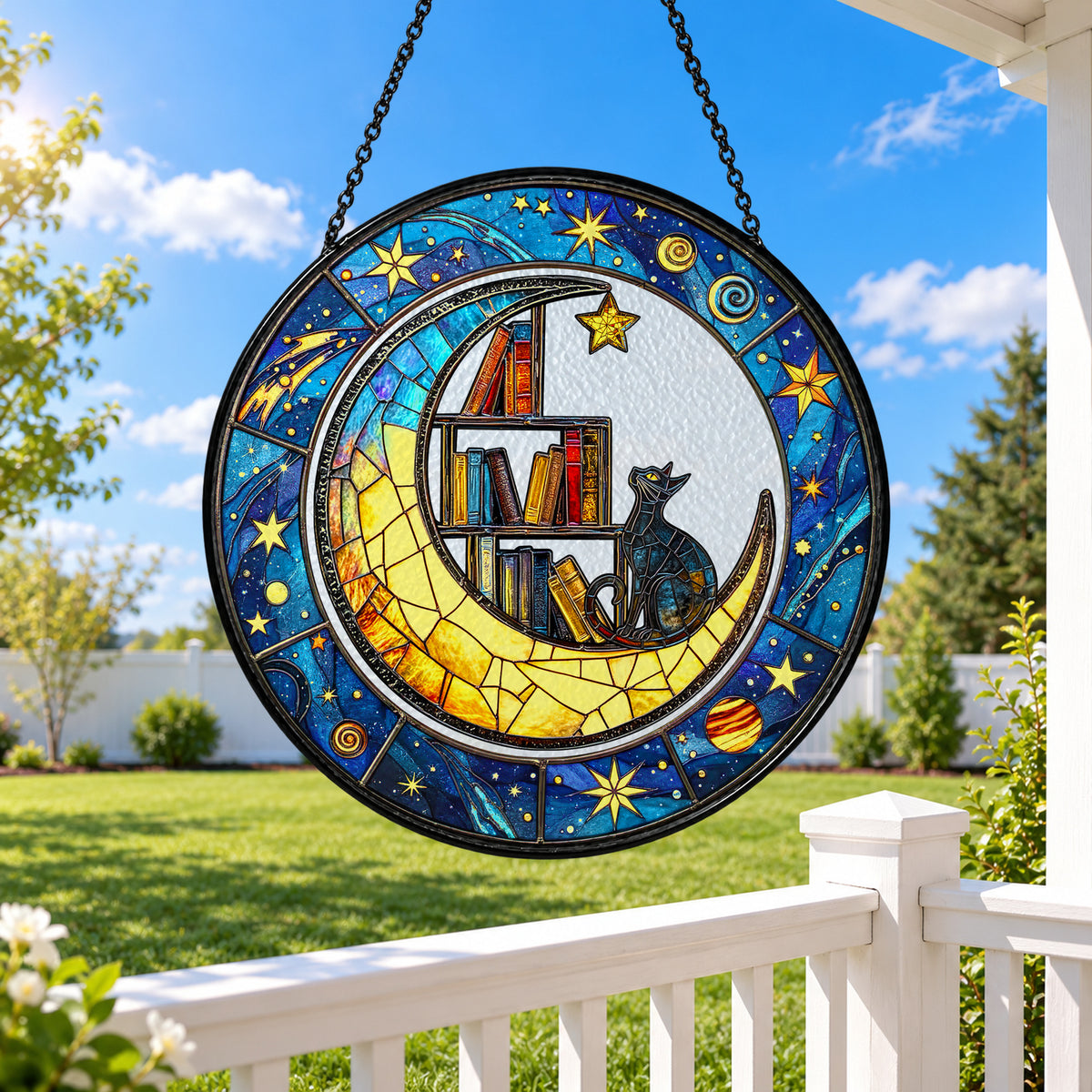Sleeping Black Cat and Crescent Moon stained glass window suncatcher – third gallery view