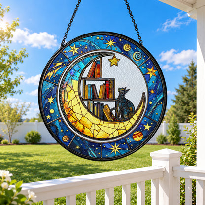 Sleeping Black Cat and Crescent Moon stained glass window suncatcher – third gallery view