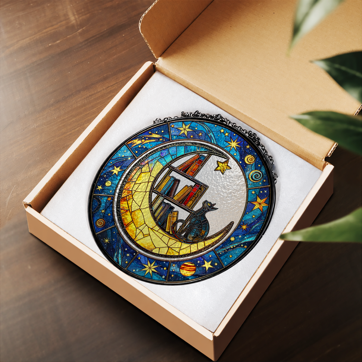 Sleeping Black Cat and Crescent Moon stained glass suncatcher – flat printed artwork design
