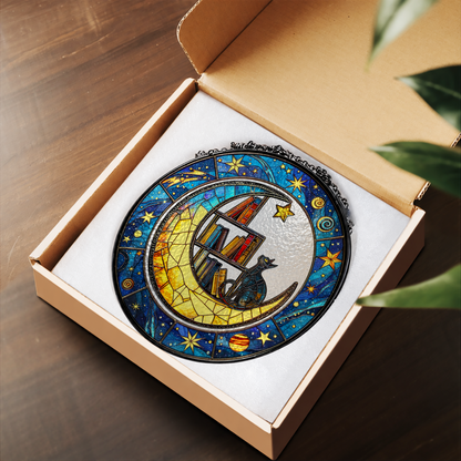 Sleeping Black Cat and Crescent Moon stained glass suncatcher – flat printed artwork design