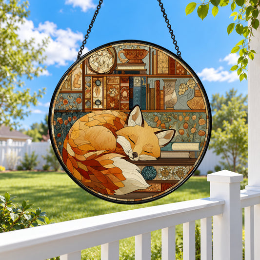 Sleeping Fox by Cozy Fireplace stained glass suncatcher window hanging – front design view