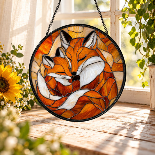 Sleeping Fox with Autumn Leaves stained glass suncatcher window hanging – front design view
