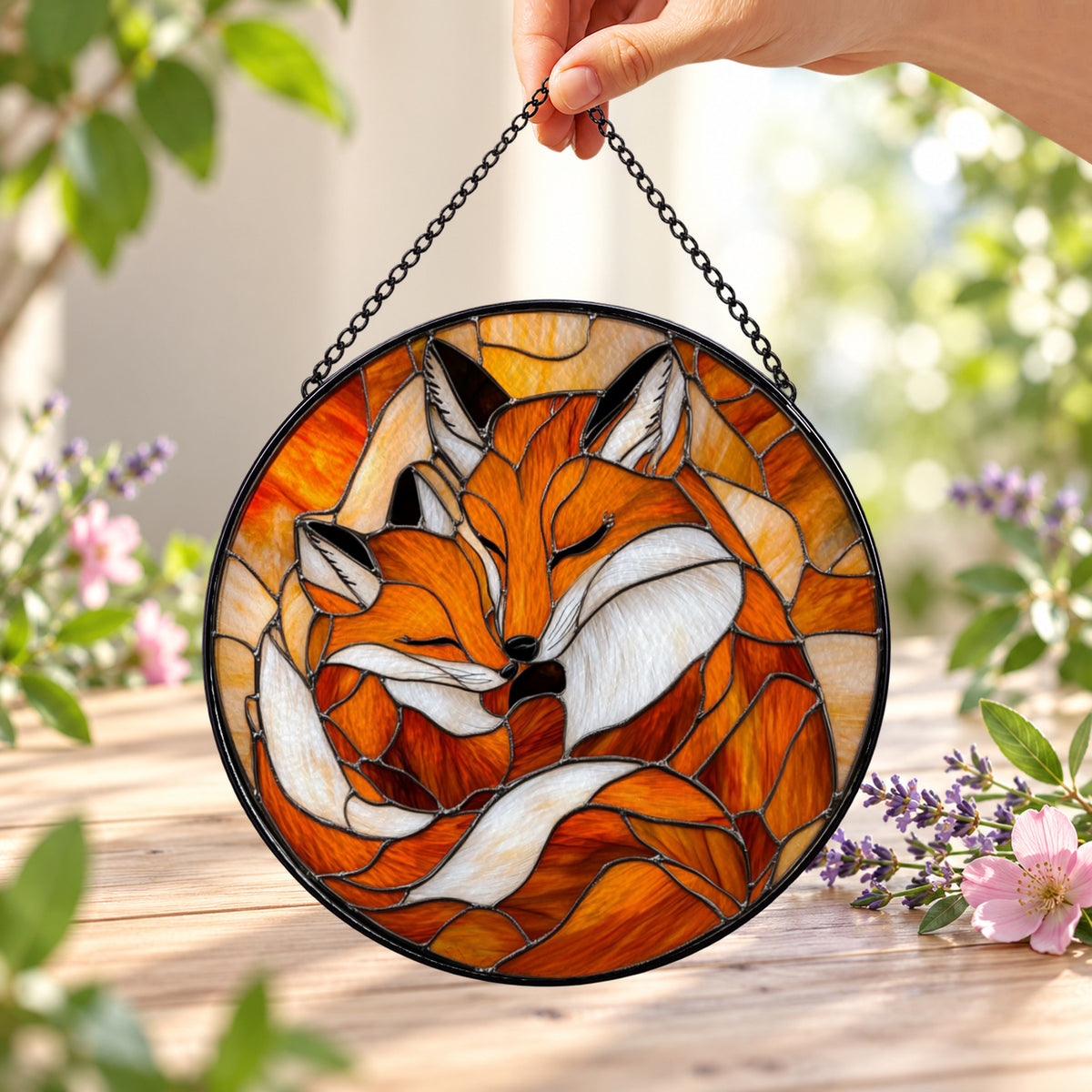 Sleeping Fox with Autumn Leaves round stained glass window hanging – second gallery view