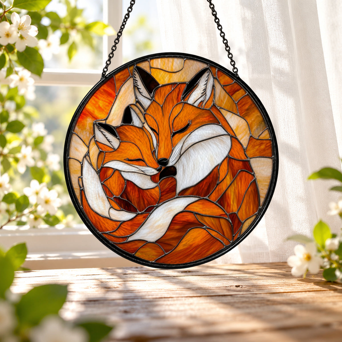 Sleeping Fox with Autumn Leaves stained glass window suncatcher – third gallery view