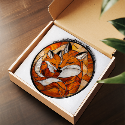 Sleeping Fox with Autumn Leaves stained glass suncatcher – flat printed artwork design
