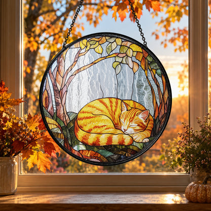 Sleeping Orange Cat on Tree Branch stained glass suncatcher window hanging – front design view