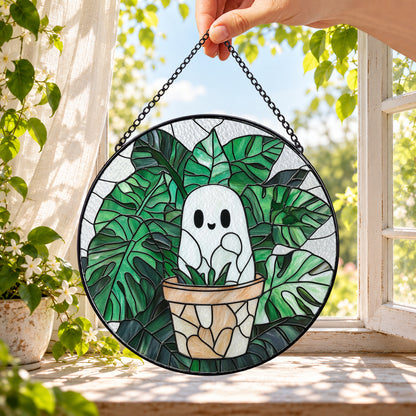 Small White Ghost in Potted Plant round stained glass window hanging – second gallery view