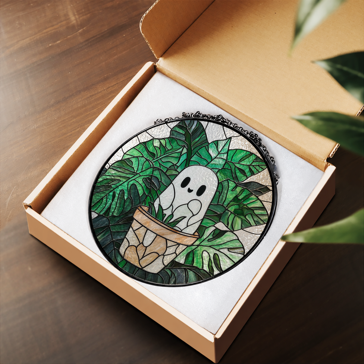 Small White Ghost in Potted Plant stained glass suncatcher – flat printed artwork design