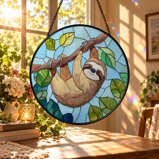 Smiling Sloth on Tree Branch stained glass suncatcher window hanging – front design view
