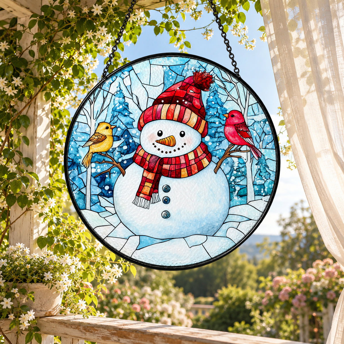 Smiling Snowman in Winter Scarf stained glass suncatcher window hanging – front design view