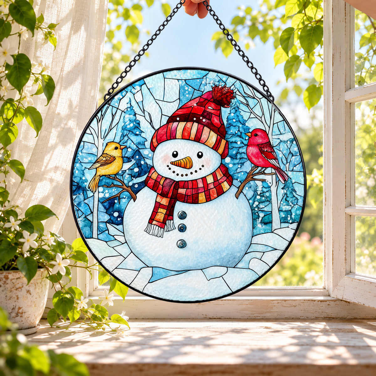 Smiling Snowman in Winter Scarf round stained glass window hanging – second gallery view