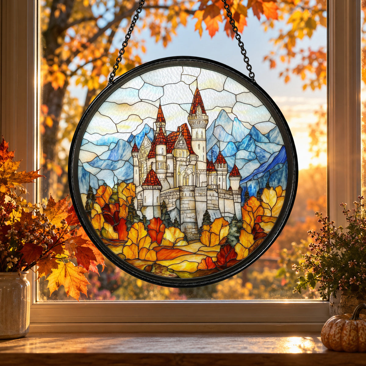 Snowy Fairytale Castle over Mountains stained glass suncatcher window hanging – front design view