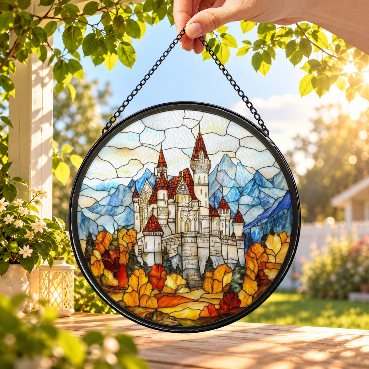Snowy Fairytale Castle over Mountains round stained glass window hanging – second gallery view