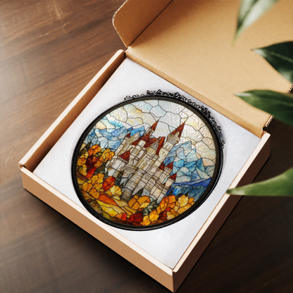 Snowy Fairytale Castle over Mountains stained glass suncatcher – flat printed artwork design