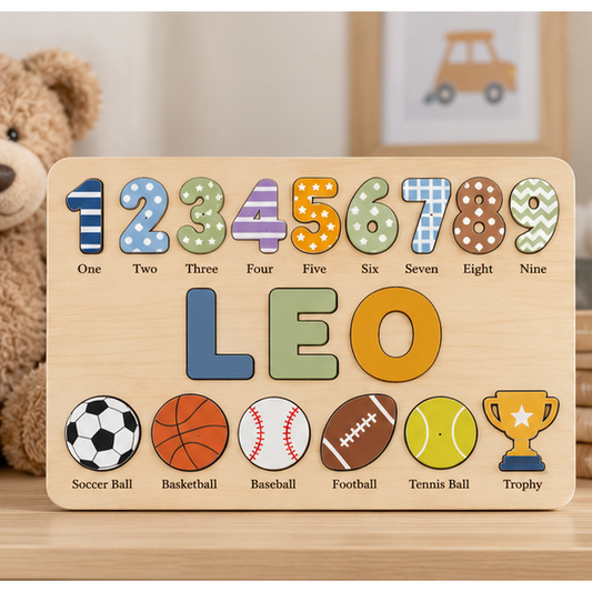 Sports numbers personalized wooden name puzzle – square image