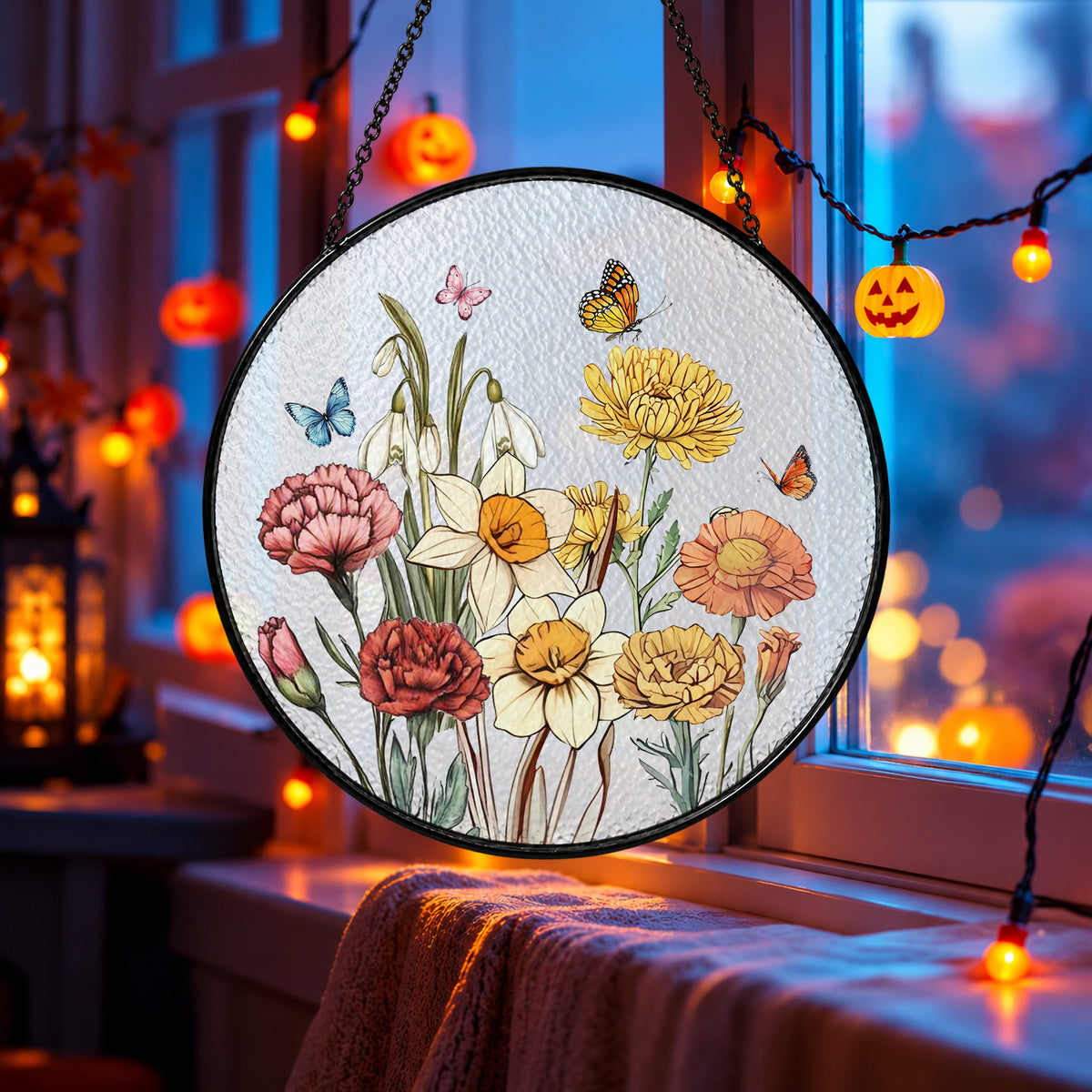 Spring Cottage Flower Bouquet stained glass suncatcher window hanging – front design view
