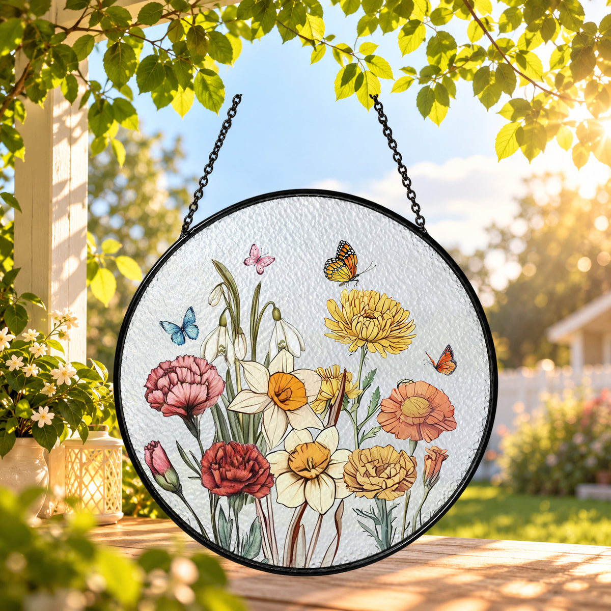 Spring Cottage Flower Bouquet round stained glass window hanging – second gallery view
