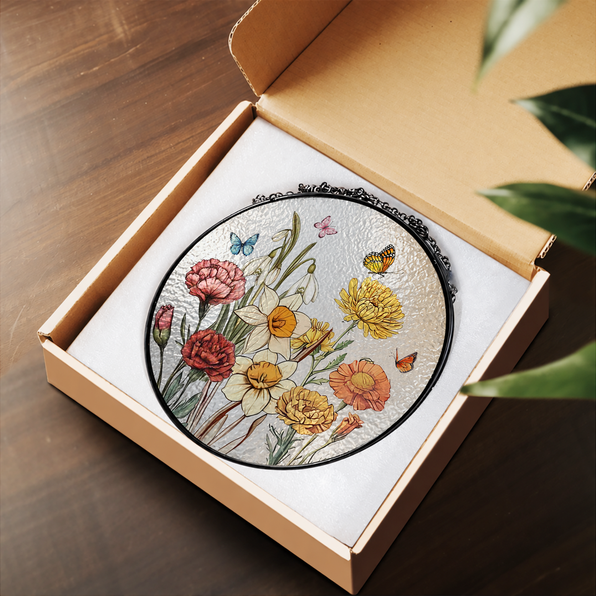 Spring Cottage Flower Bouquet stained glass suncatcher – flat printed artwork design