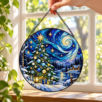 Starry Christmas Tree in Winter Forest round stained glass window hanging – second gallery view