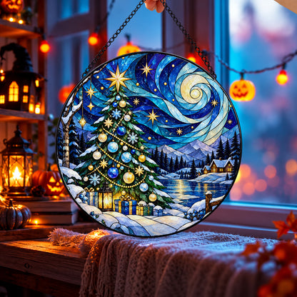 Starry Christmas Tree in Winter Forest stained glass window suncatcher – third gallery view