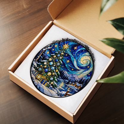 Starry Christmas Tree in Winter Forest stained glass suncatcher – flat printed artwork design