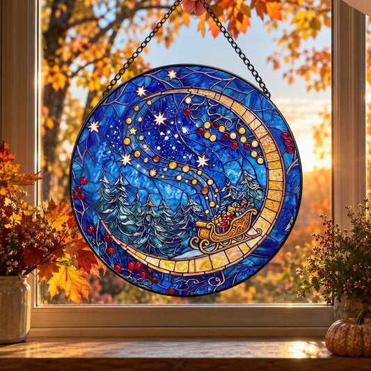 Starry Crescent Moon Celestial Scene stained glass suncatcher window hanging – front design view