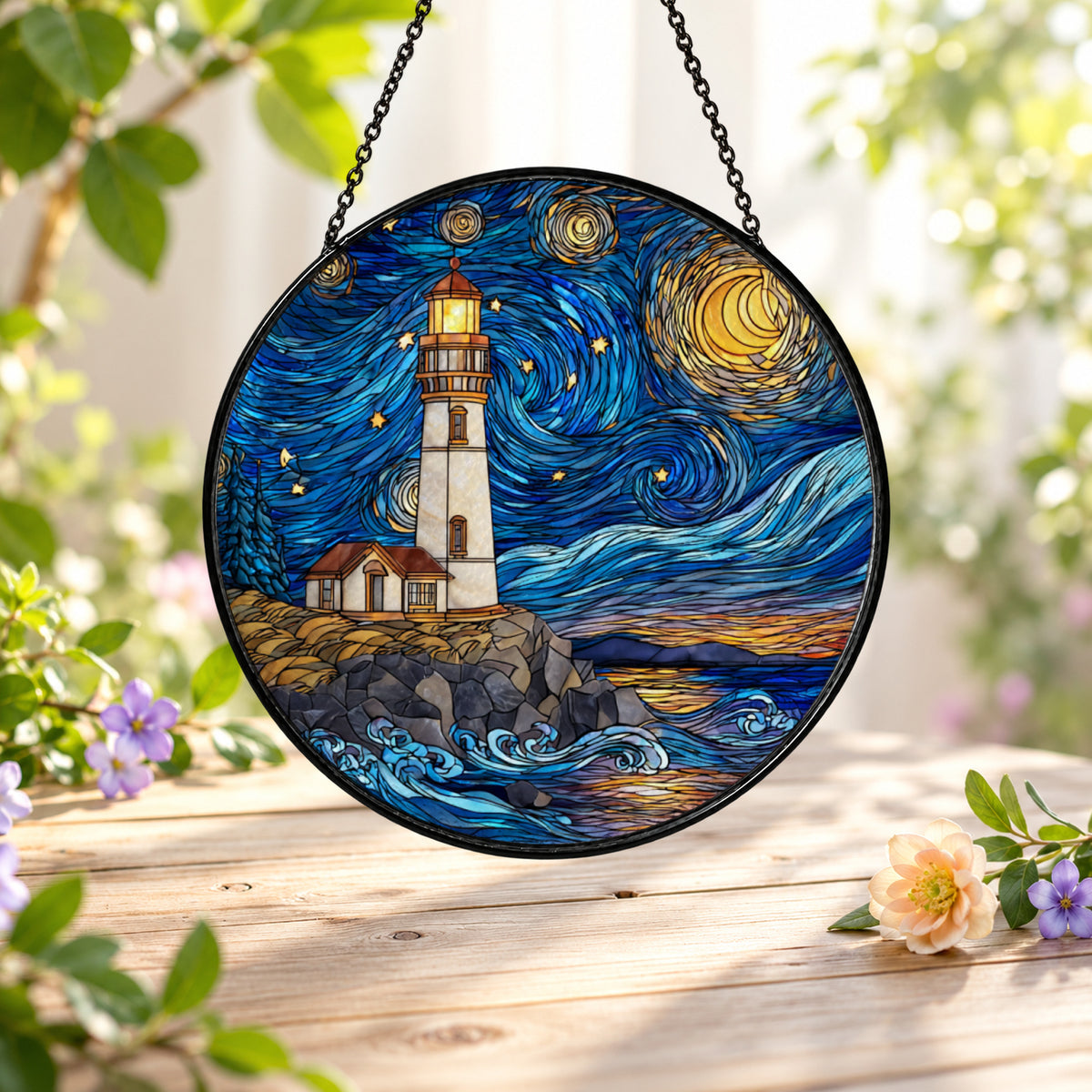 Starry Night Lighthouse by Ocean stained glass suncatcher window hanging – front design view