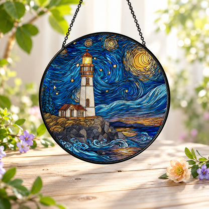 Starry Night Lighthouse by Ocean stained glass suncatcher window hanging – front design view