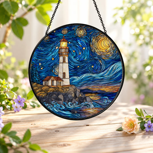 Starry Night Lighthouse by Ocean stained glass suncatcher window hanging – front design view