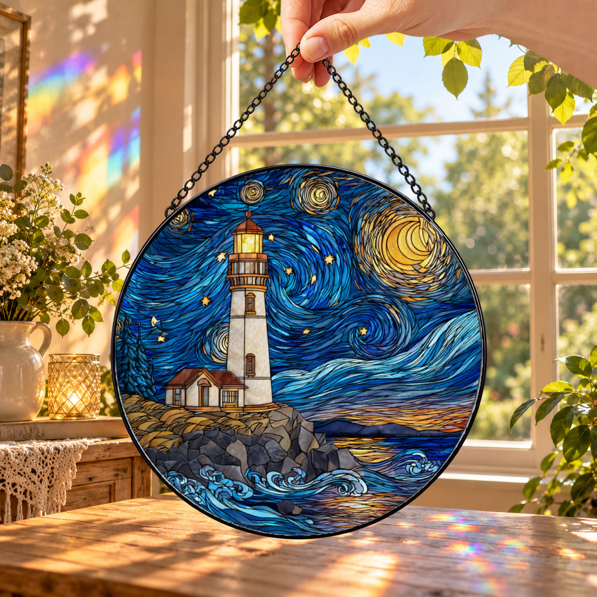 Starry Night Lighthouse by Ocean round stained glass window hanging – second gallery view
