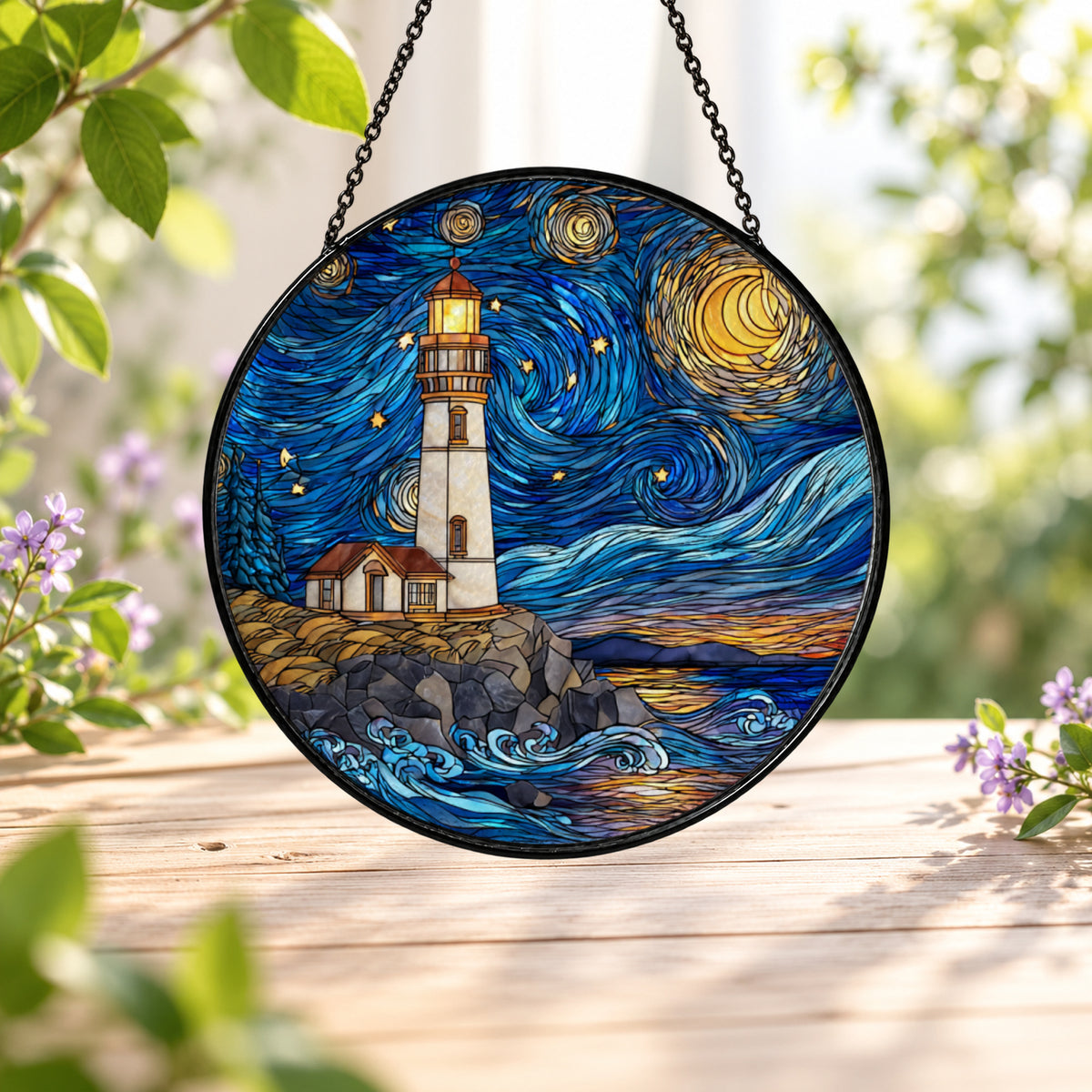 Starry Night Lighthouse by Ocean stained glass window suncatcher – third gallery view