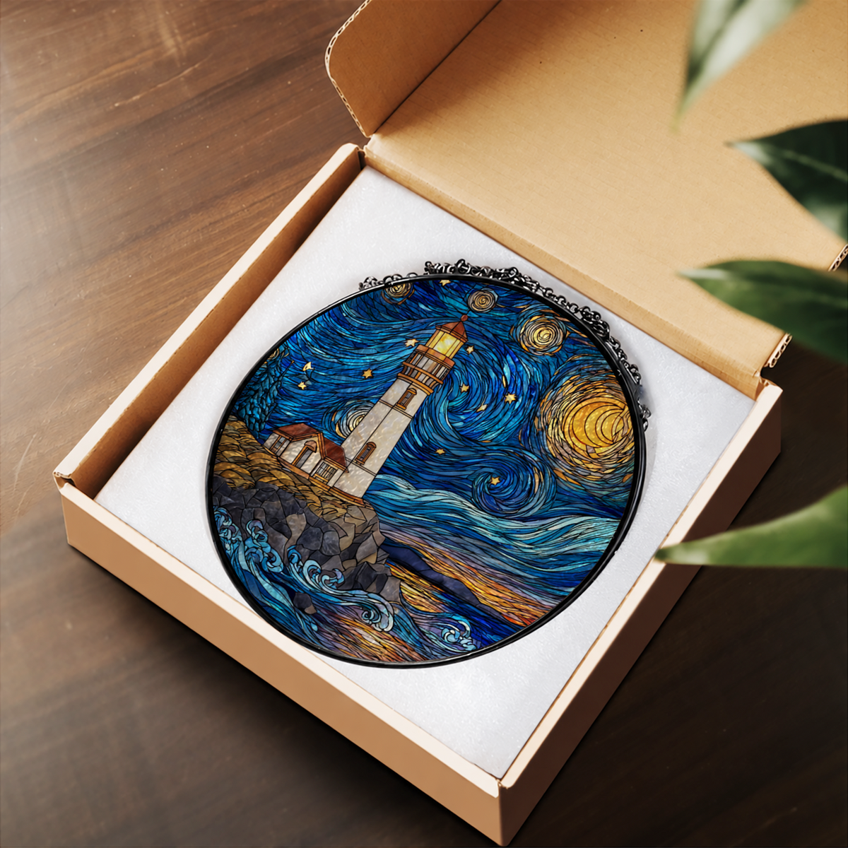 Starry Night Lighthouse by Ocean stained glass suncatcher – flat printed artwork design