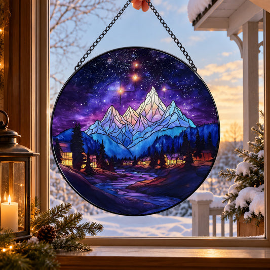 Starry Purple Mountain Night stained glass suncatcher window hanging – front design view
