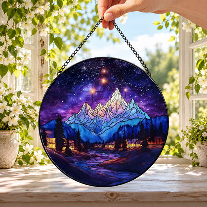 Starry Purple Mountain Night round stained glass window hanging – second gallery view