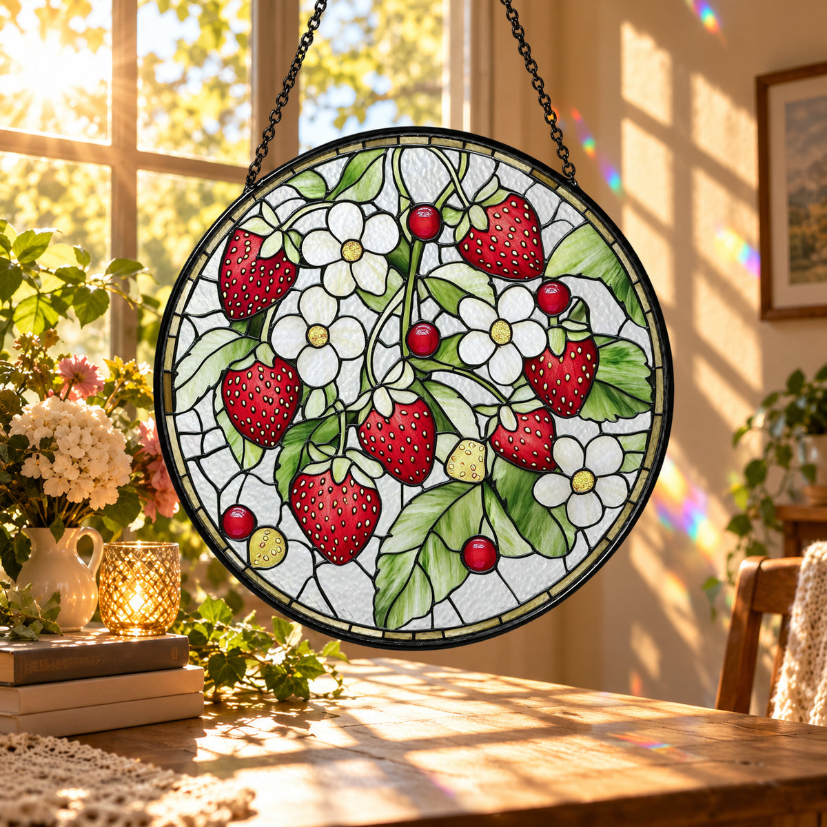 Strawberries with White Blossoms stained glass suncatcher window hanging – front design view