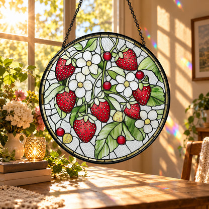 Strawberries with White Blossoms stained glass suncatcher window hanging – front design view