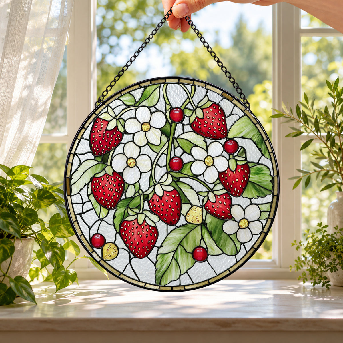 Strawberries with White Blossoms round stained glass window hanging – second gallery view
