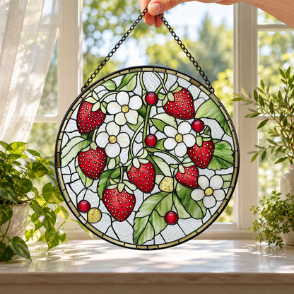 Strawberries with White Blossoms round stained glass window hanging – second gallery view