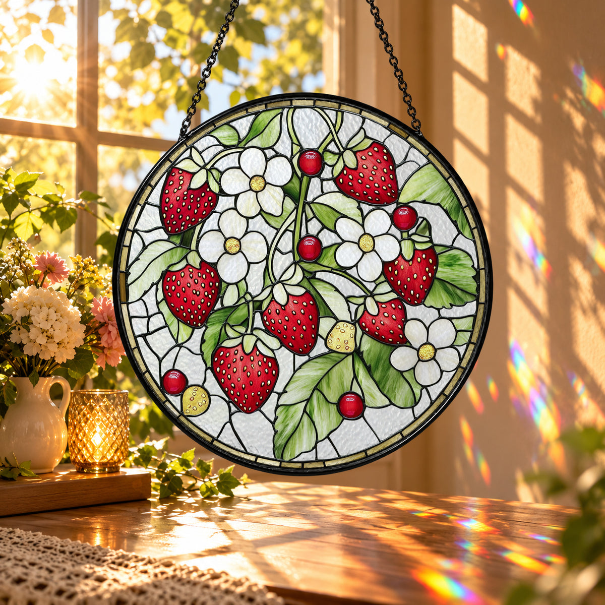 Strawberries with White Blossoms stained glass window suncatcher – third gallery view