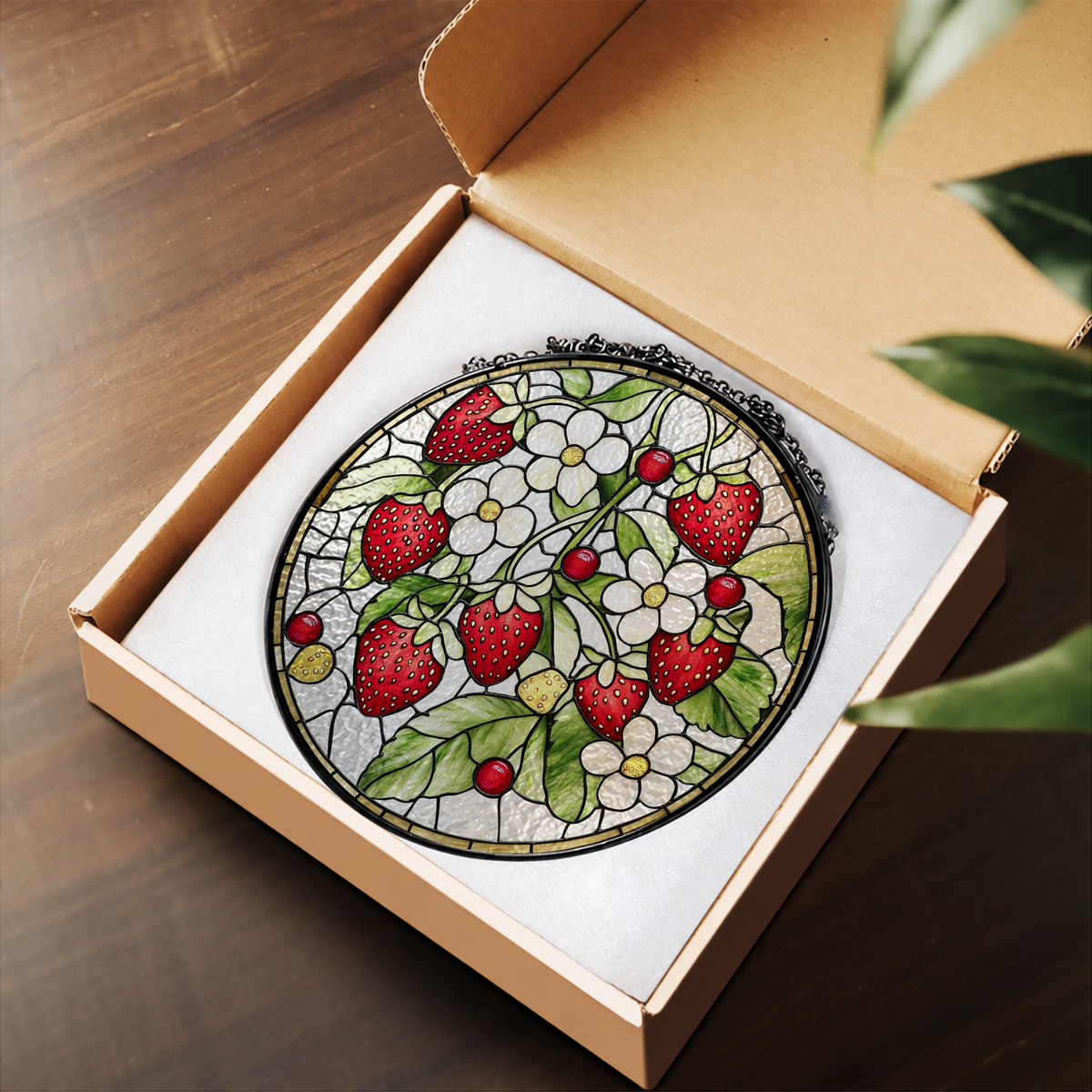 Strawberries with White Blossoms stained glass suncatcher – flat printed artwork design