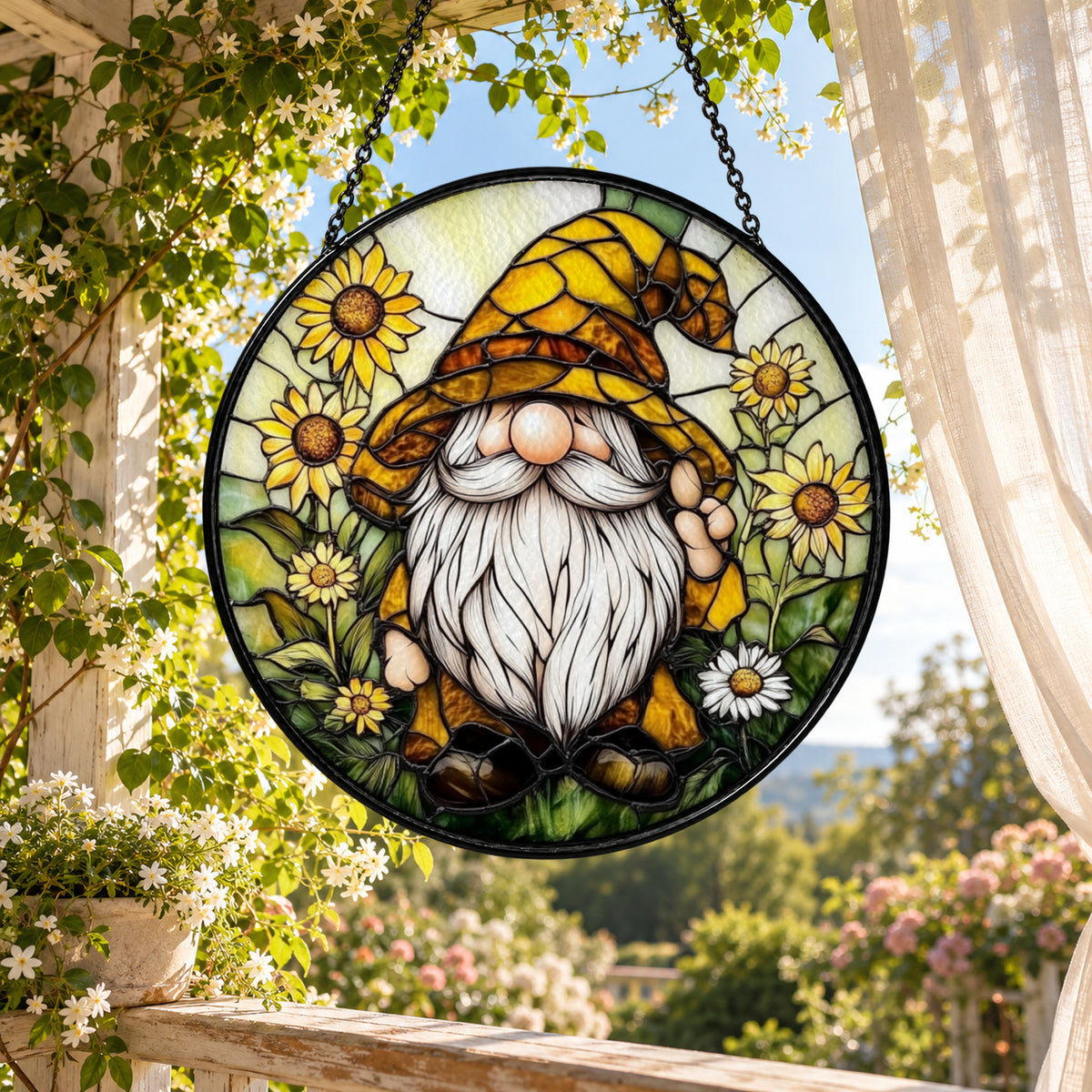 Sunflower Gnome in Autumn Garden stained glass suncatcher window hanging – front design view
