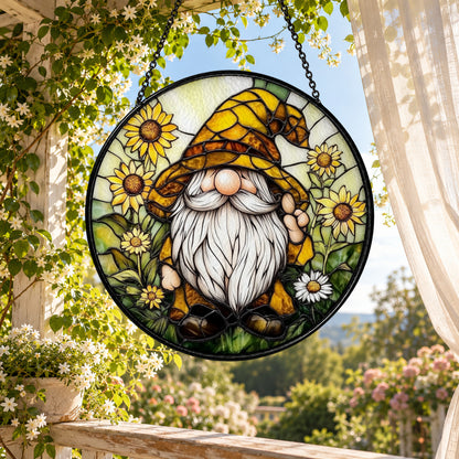 Sunflower Gnome in Autumn Garden stained glass suncatcher window hanging – front design view